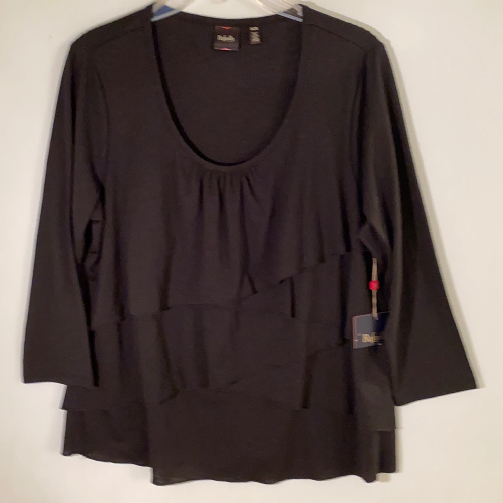 Rafaella 3/4 sleeve scoop neck top, front ruffles.